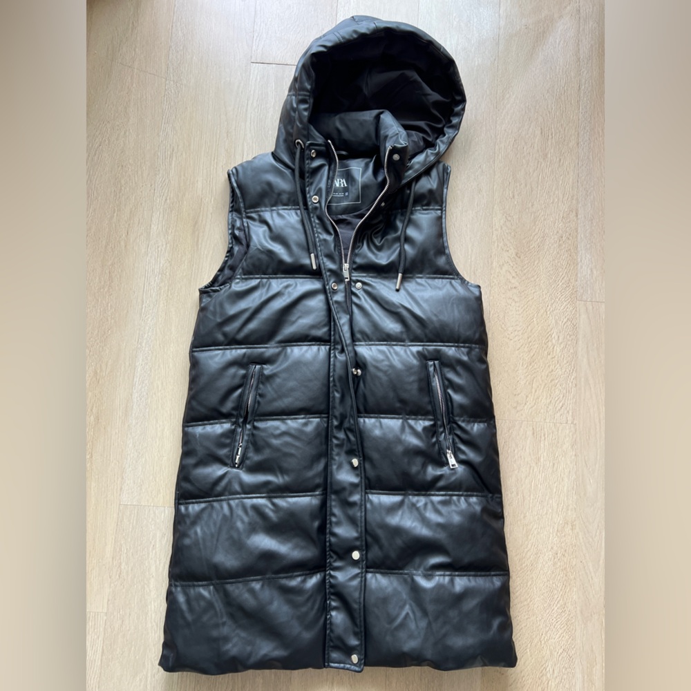 Zara Faux Leather Long Black Quilted Puffer Vest